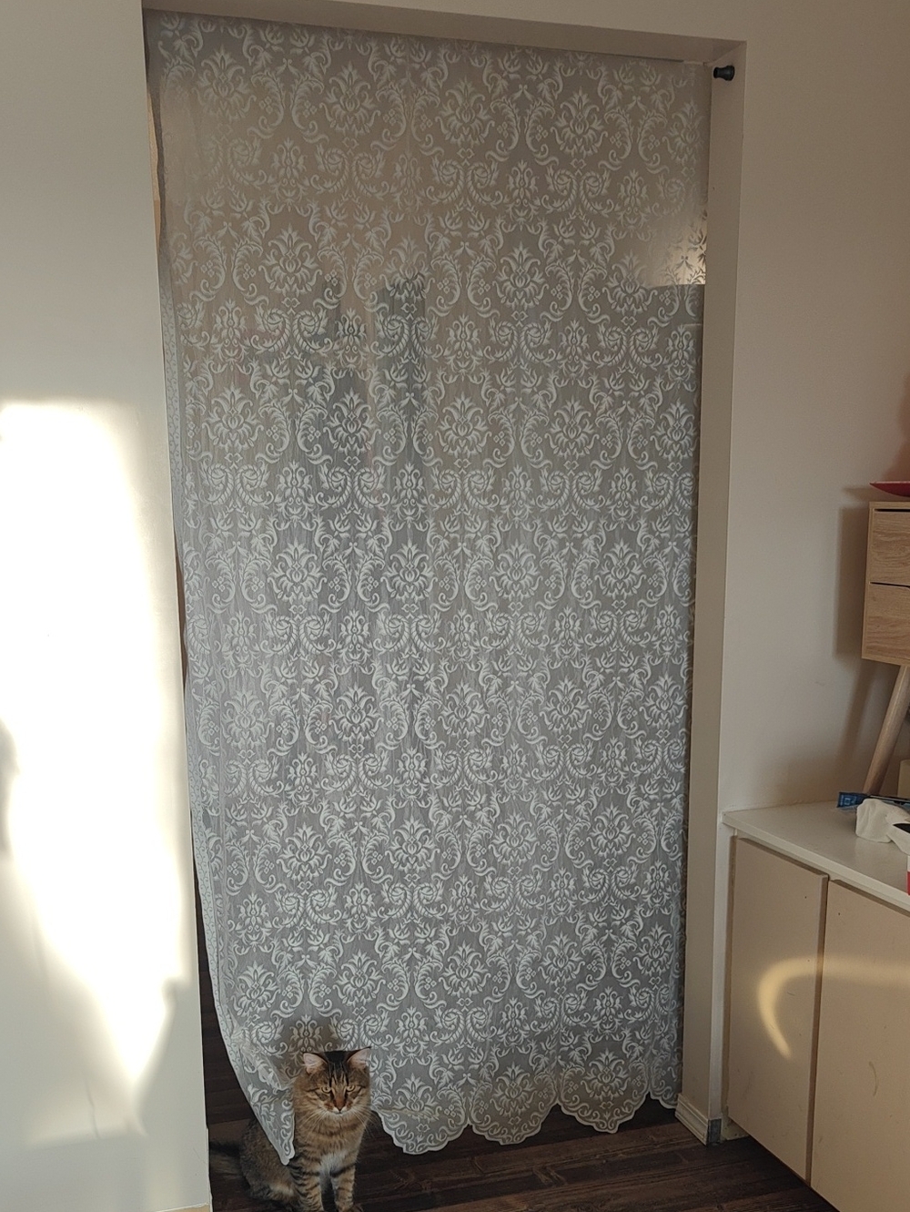 Vintage Damask Floral Lace Curtain in White & Gray Like New